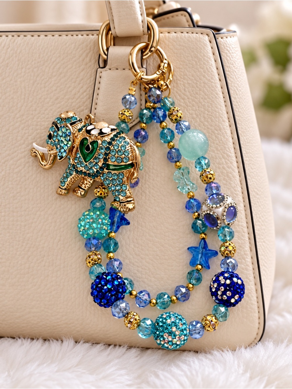 Beaded Elephant Tassel Bag Charm - Blue & Teal. New